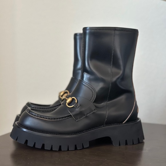NIB Gucci Cordovan Lux Black Leather Horsebit Bee Embroidered Combat Boots 37.5 - Picture 4 of 15